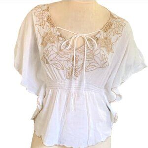 Love Scene BOHO Gauze Embroidered Kimono Top Sz S White Beige #4G